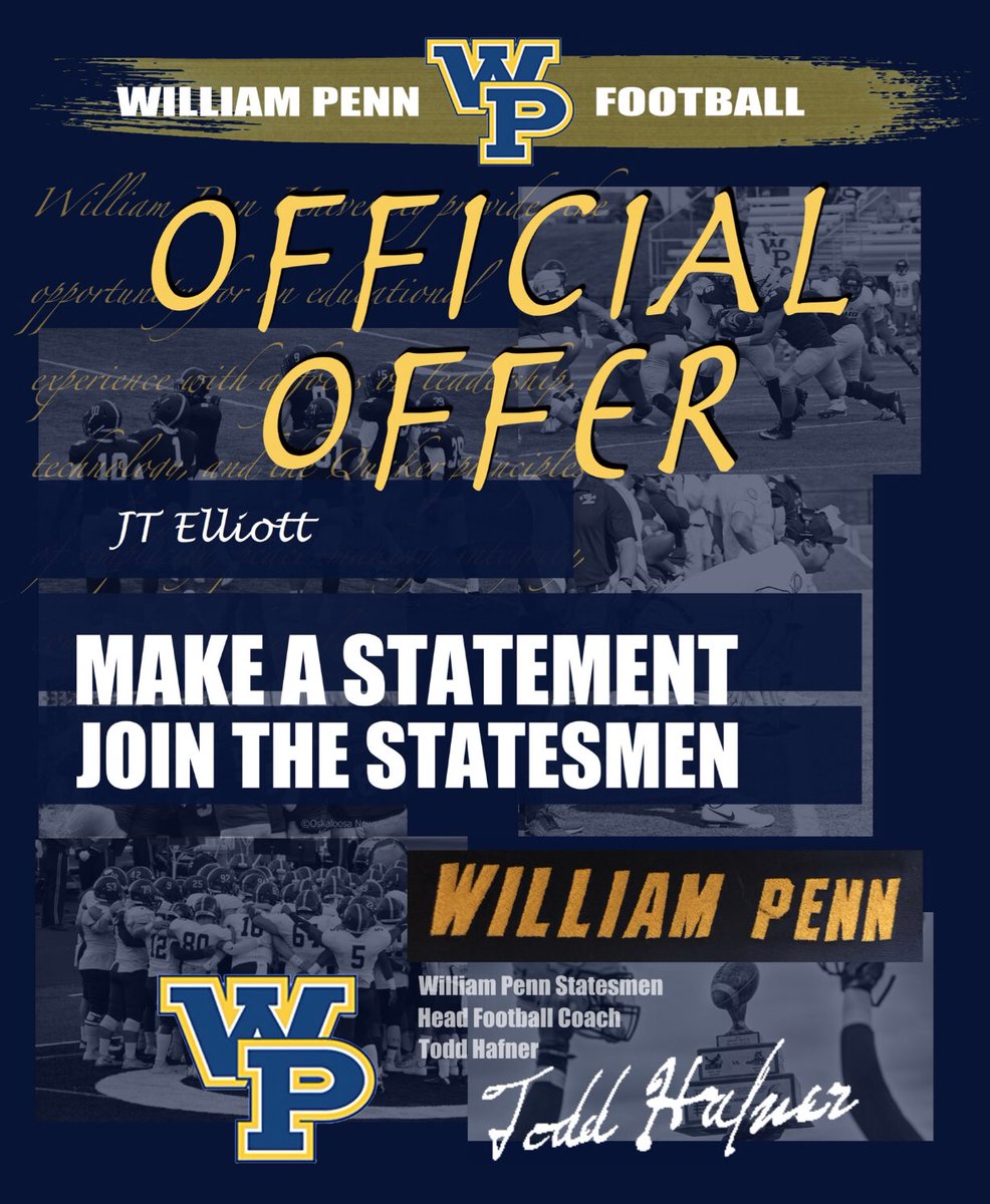 jt_elliott1's tweet photo. AG2G!!! Blessed to recieve my first offer from William Penn football! Thank you @WP_OLCoachStew for the opportunity! @JCFB_Recruiting @AL7AFootball #AG2G https://t.co/1FMnBQnRPK