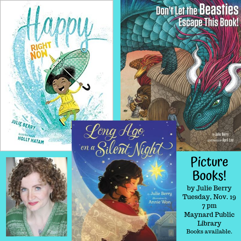 JulieBerryBooks's tweet photo. #Massachusetts friends: my final New England event for my #picturebook tour is tonite @ @MaynardLibrary 7pm See you there! Next: Saturday @BooksofWonder in NYC, & Sunday at @MiamiBookFair. #MiamiBookFair. #HappyRightNow #LongAgoonaSilentNight #DontLettheBeastiesEscapeThisBook https://t.co/p8dBixiU0O