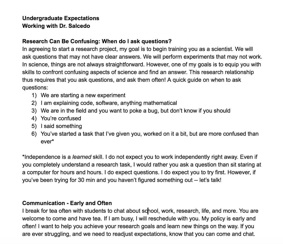A picture of undergraduate expectations that I have been working on this morning. Trying to think about what independence means to an undergrad. And how it's something you learn on the way being a scientist.