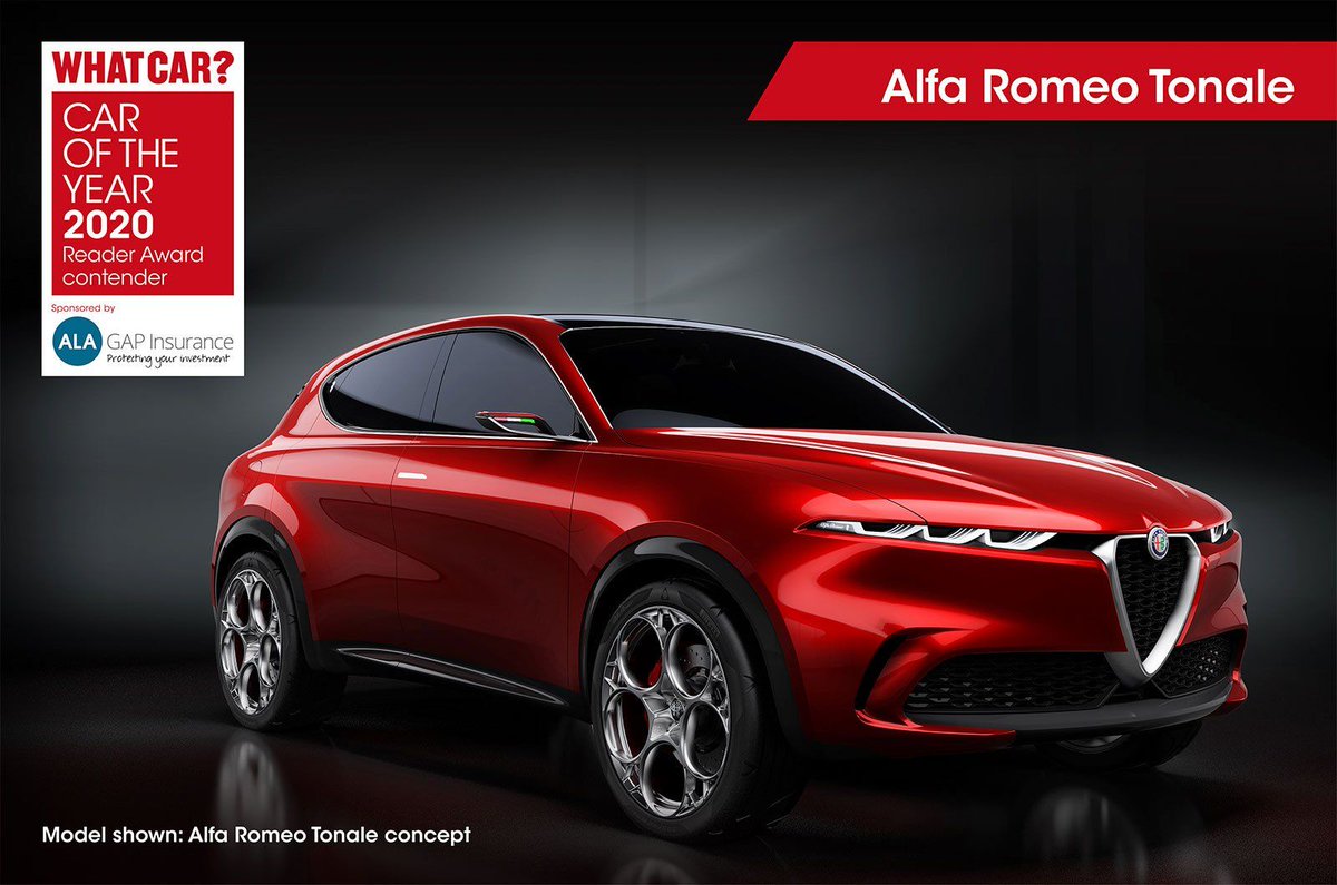 whatcar's tweet photo. Reader Award contender: 2020 #AlfaRomeo Tonale

This plug-in hybrid family #SUV will sit below the Stelvio in Alfa's range, and is one of 12 cars in with a chance of winning the 2020 What Car? Reader Award.

➡️ https://t.co/tAJIzb4UJ1

#WhatCarAwards https://t.co/D1WOR4USn0