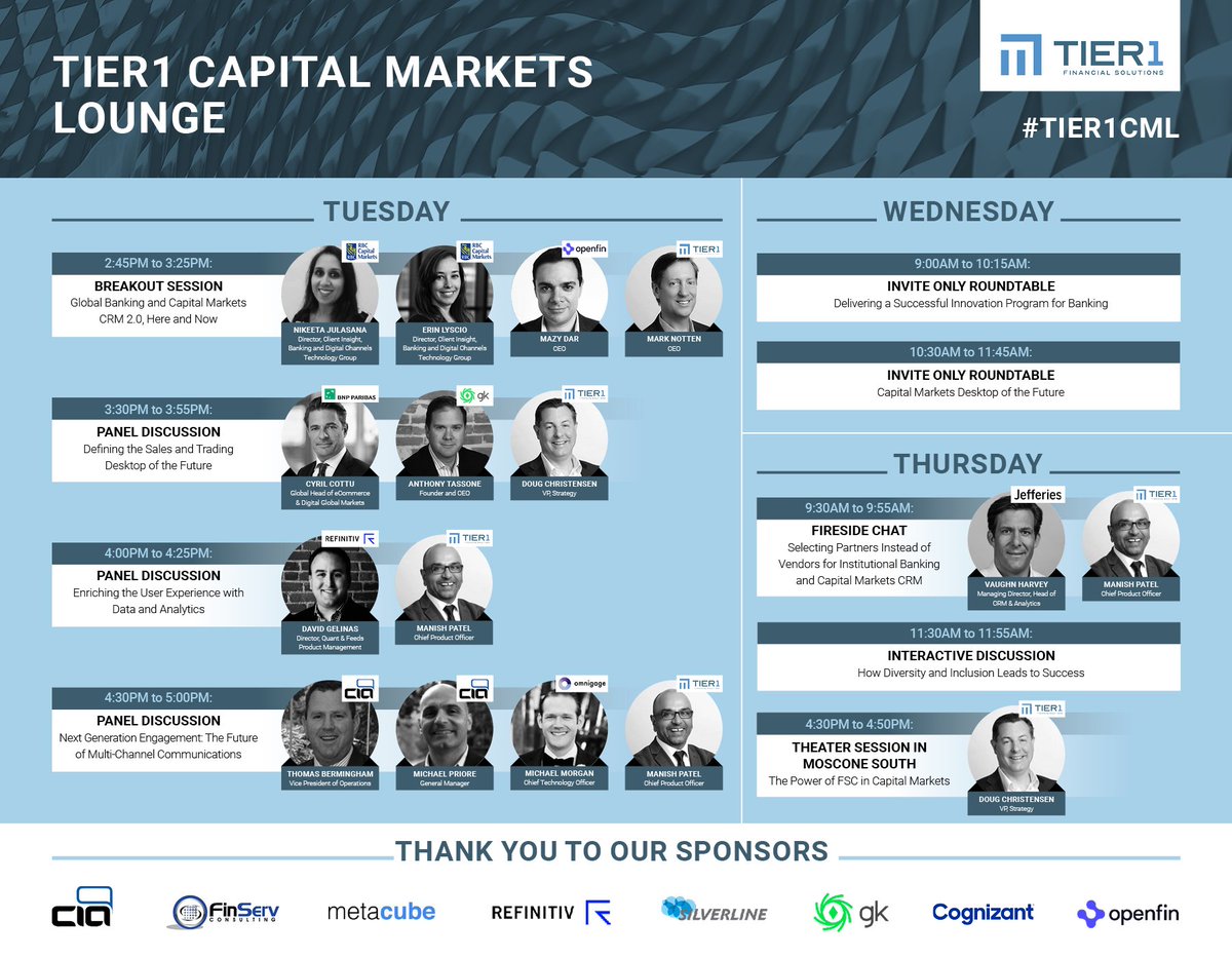 PJKinsella19's tweet photo. If you're at #Dreamforce this week stop by the @Tier1Fin Capital Markets Lounge (431 Tehama St) to meet the Tier1 team and hear the interesting panel sessions about #fintech and market structure developments. Full agenda: https://t.co/mBbYGN470X #DF19 #Tier1CML #RoadToDF19 https://t.co/gLHDDSKA4J
