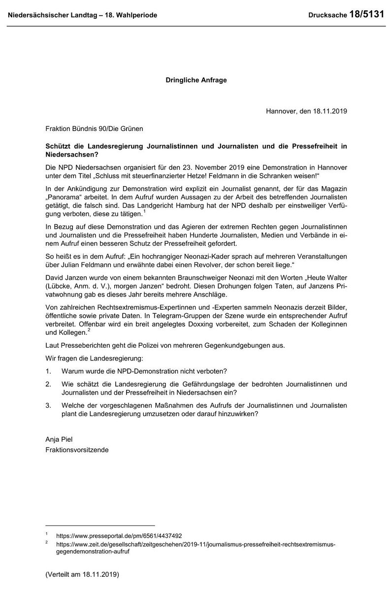 <a href="/Anja_Piel/">Anja Piel</a> hat im niedersächsischen Landtag eine Anfrage zur #NPD Demo am 23.11 in #Hannover gestellt. Sie fragt nach der Gefährdungslage für die betroffenen Journalisten und warum die Demo nicht verboten wird. #H2311 #SchütztDiePressefreiheit