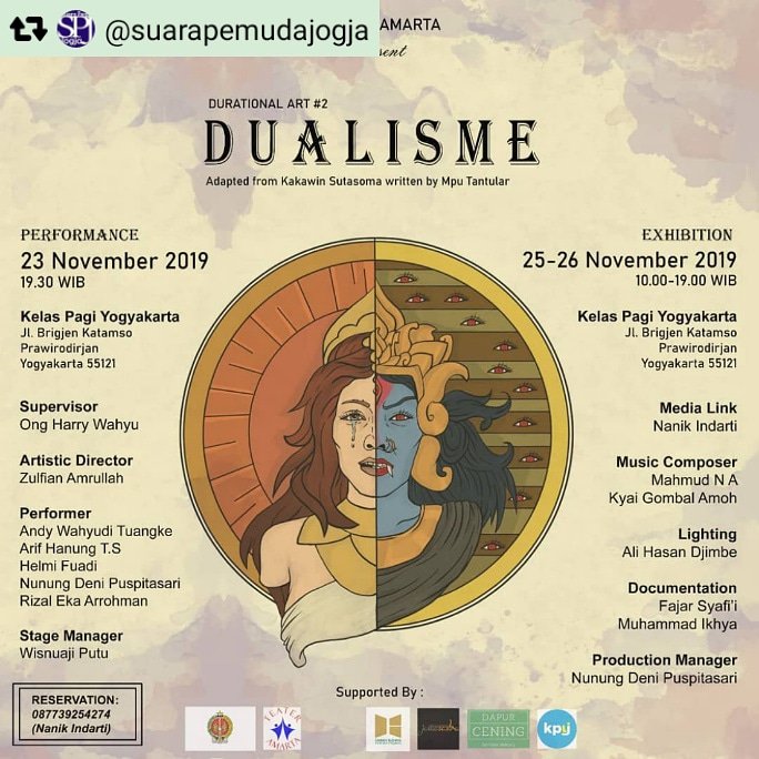 Teater Amarta mempersembahkan : DUALISME (Durational Art #2)
Pertunjukan : 
Sabtu, 23 November 2019, pkl 19.00 WIB, di Kelas Pagi Yogyakarta, jln Brigjen Katamso Prawirodirjan, Yogyakarta 55121