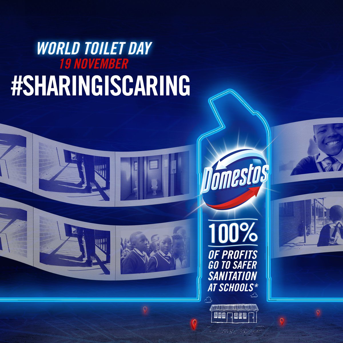 DomestosSA's tweet photo. #SharingIsCaring if you buy a bottle of Domestos today, 19 November #WorldToiletDay Domestos will donate 100% of profits to solving the school sanitation crisis. https://t.co/ppKfSLDEgU