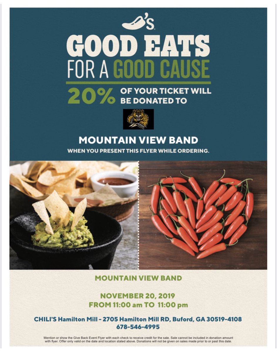 Mountain View Band Program (@bandprogram) on Twitter photo This is a reminder about tomorrow night at Chili's on Hamilton Mill Road. When shown the attached flyer, the restaurant will give 20% of your receipt back to the band program. Enjoy a mid-week date night while supporting our organization.
<a href="/BandProgram/">Mountain View Band Program</a> <a href="/MtnViewHS/">MountainViewHS</a> <a href="/MtnViewHSTV/">The View TV at Mountain View</a> This is a reminder about tomorrow night at Chili's on Hamilton Mill Road. When shown the attached flyer, the restaurant will give 20% of your receipt back to the band program. Enjoy a mid-week date night while supporting our organization.
<a href="/BandProgram/">Mountain View Band Program</a> <a href="/MtnViewHS/">MountainViewHS</a> <a href="/MtnViewHSTV/">The View TV at Mountain View</a>