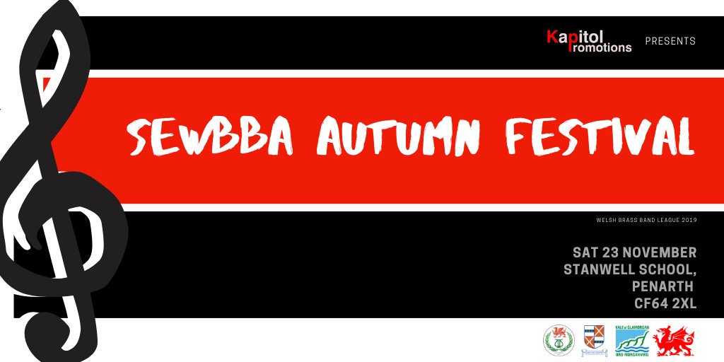 We're organising the <a href="/sewbba/">SEWales Brass Band A</a> #AutumnFestival at 
<a href="/StanwellSchool/">Stanwell_School</a> #Penarth this Sat 23rd. 26 bands from all over #SouthWales will compete across 5 sections during the day (inc Youth), with the 2019 League Champions in each section also being decided! Tickets available on the day
