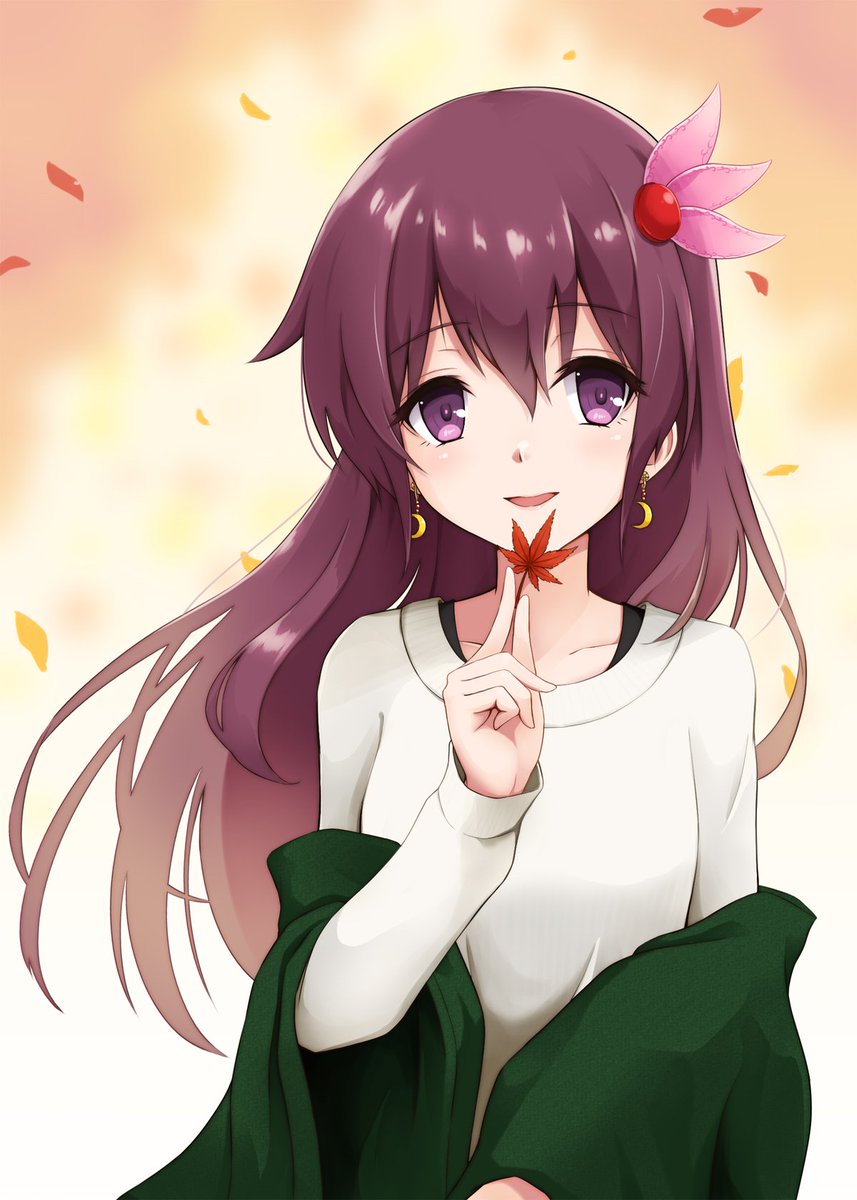 kisaragi (kancolle) 1girl solo long hair purple eyes leaf hair ornament brown hair  illustration images