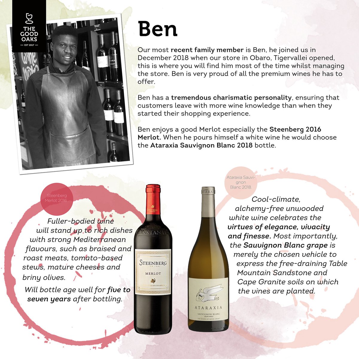 Meet the Oaks that make it Good,and see what their recommendations are.🍷🍷

Introducing Ben... #thegoodoaks #meettheteam #finewine #wine #winetime #wineoclock #pretoriaeast