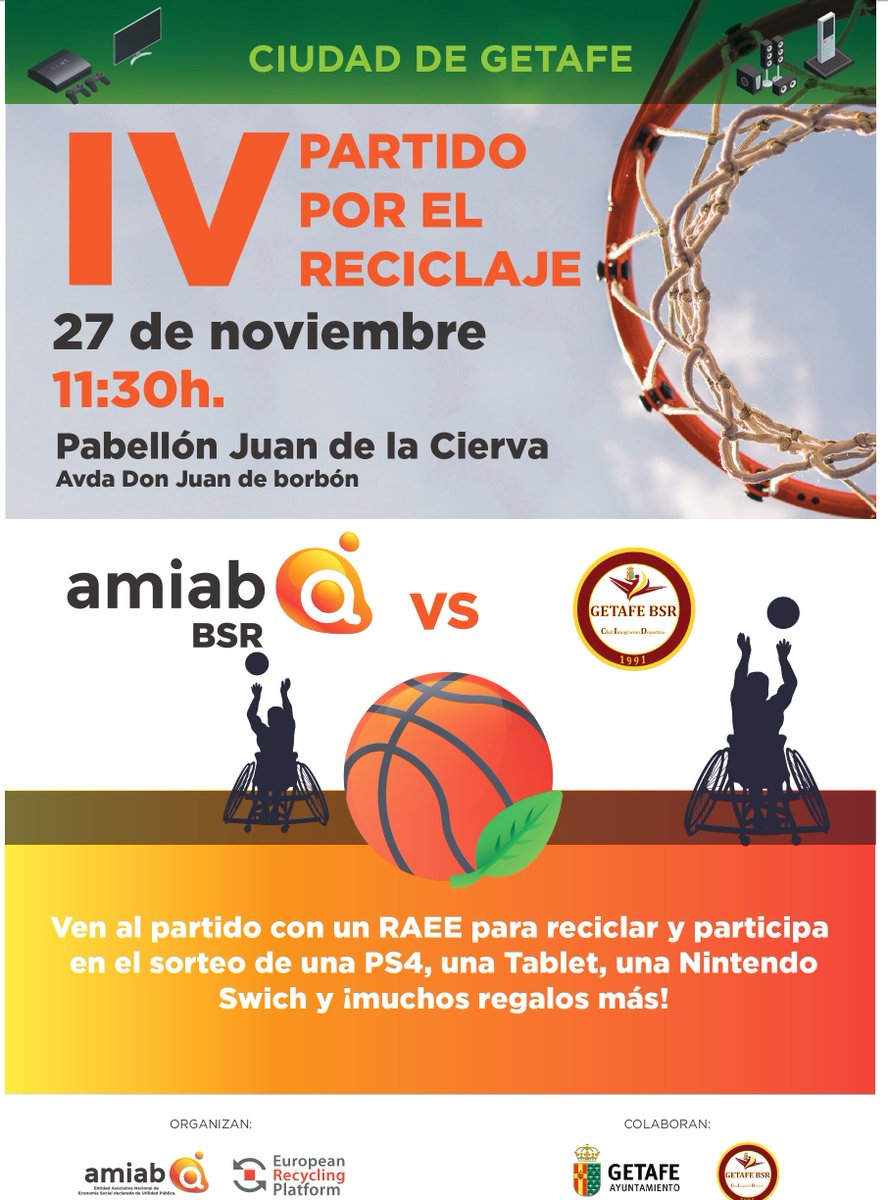 🏀🏀 No os perdáis el IV Partido por el Reciclaje entre BSR Amiab Albacete y Getafe BSR.
Si traes un RAEE podrás ganar fantásticos premios 🎮
📆 27 de Noviembre a las 11:30 en Getafe.
Organizan ERP España y Grupo Amiab. Colabora el Ayuntamiento de Getafe #partidoporelreciclaje