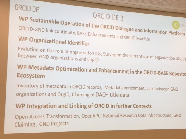 euroCRIS_Org's tweet image. F Summann: roadmap for 2nd stage of the ORCID DE project includes integration with initiatives like #OpenAPC #MuensterSMM @ORCID_Org
