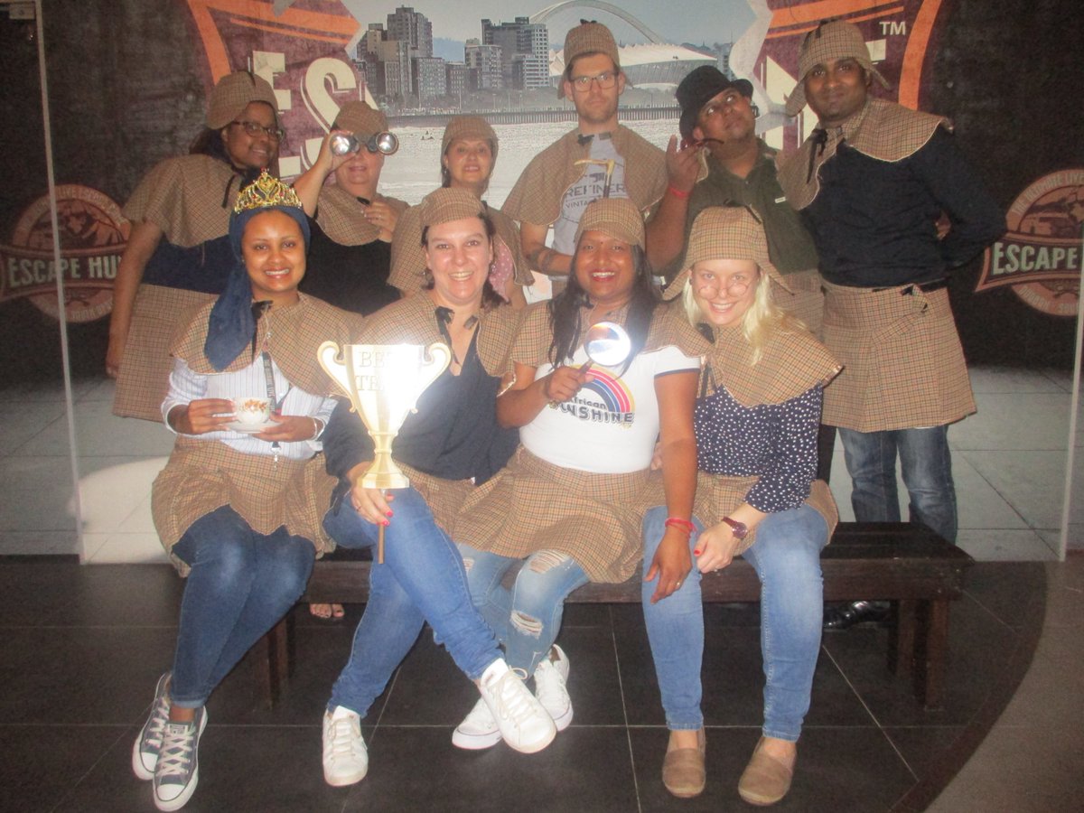 EscapeHuntDUR's tweet photo. Don't let the heavy rains spoil fun for this lovely HR Team from @CapitecBank ! 
#NoSpoils #fun #TeamBuilding #YearEnd #EscapeRooms https://t.co/Z12uBJ0Yxa