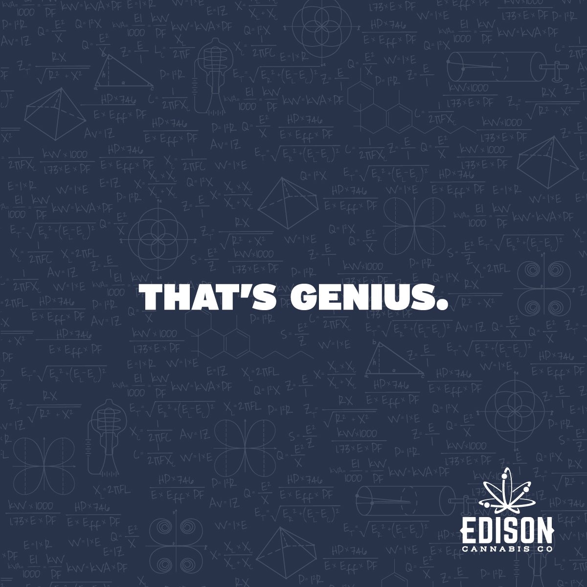Genius is using data as our most valuable ingredient. 
Finding ways to respect plant and planet. 
And preserving quality long after it’s left our hands. 
Genius takes many forms.
And some of the best happens when you’re… well, you know. 
#thatsgenius #edisoncannabis