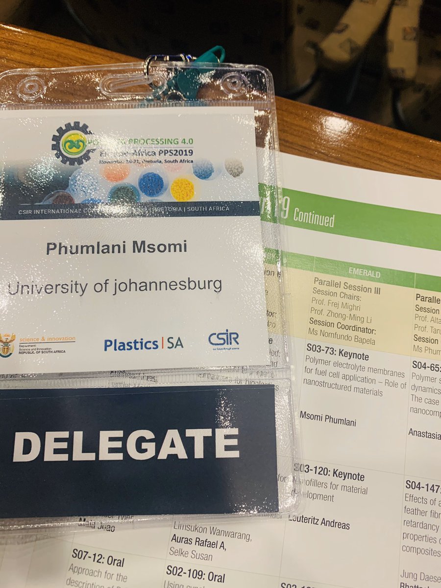 PFMsomi's tweet photo. Gave a keynote lecture titled:
âPolymer electrolyte membranes for fuel cell application - The role of nanostructured materialsâ
At the Europe-Africa polymer processing 4.0. #PPS2019 @CSIR I also got a gift. @ScienceUJ @go2uj https://t.co/DZAbLB8OwW