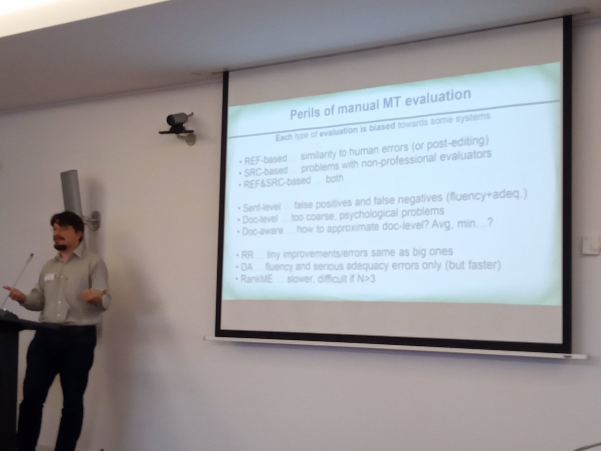 _SheilaCastilho's tweet photo. Martin Popel at the #SmartSelect workshop on #DocLevelMTEval says each type of manual MTEval is biased towards some systems. #DGT #EC https://t.co/mNXYW75h03