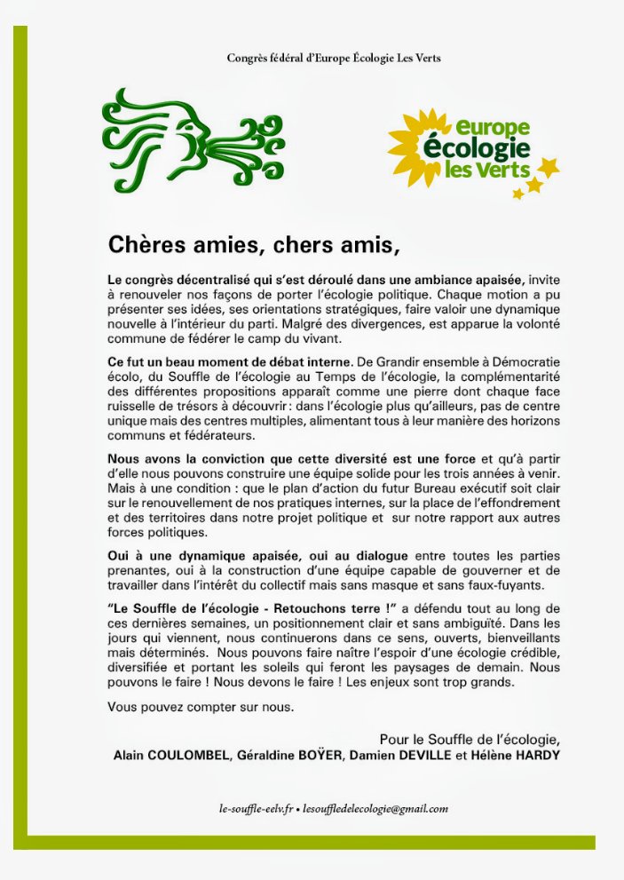 Lesouffle1's tweet photo. Pour le #CongresEELV les souffleuses et le souffleurs souhaitent que chacune et chacun trouve sa place dans un climat apaisé @CoulombelAlain @Damien__D @helenehardy62 @geraldineboye https://t.co/qzIq7odiR2
