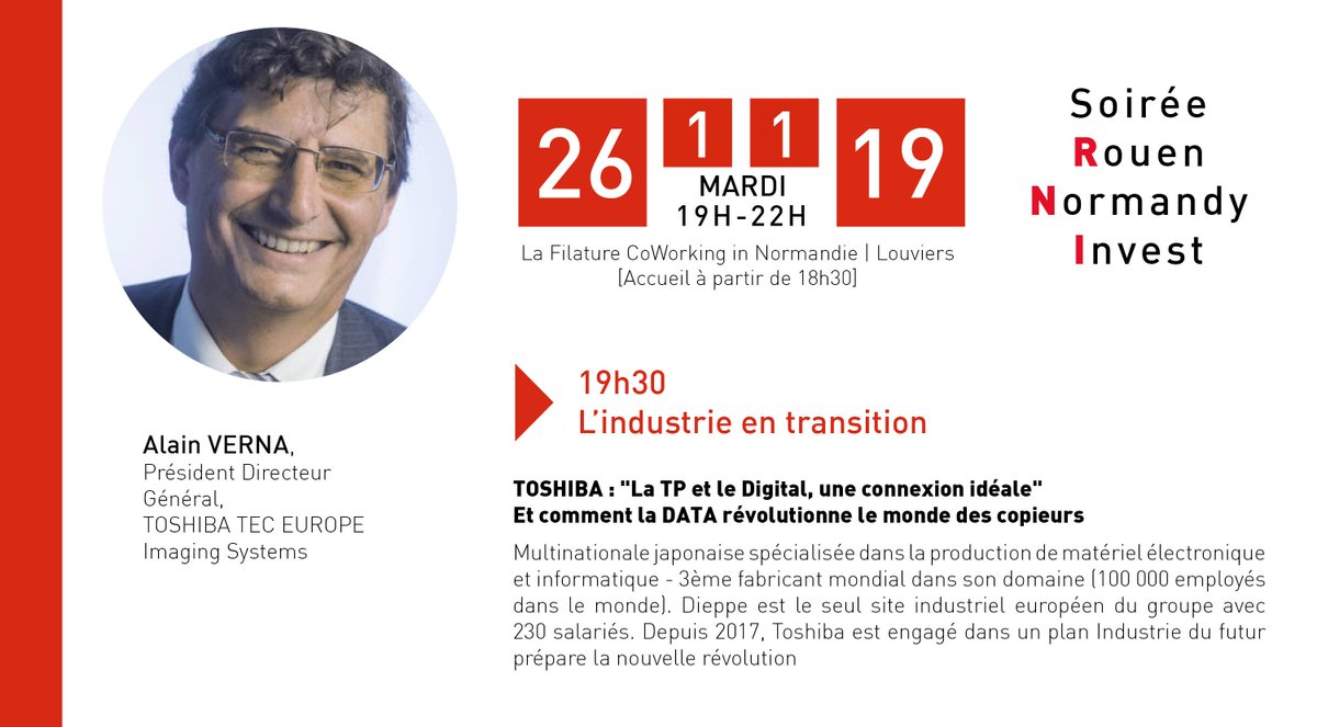 [SOIRÉE RNI] RDV le 26-11 pour retrouver <a href="/AlainVERNA/">VERNA Alain</a>, PDG chez <a href="/ToshibaTFIS/">Toshiba Tec France Imaging System 🖨️</a> sur la thématique : TOSHIBA : "La TP et le Digital, une connexion idéale" - Et comment la DATA révolutionne le monde des copieurs
Infos > contact@soiree-rni-novembre-2019.com