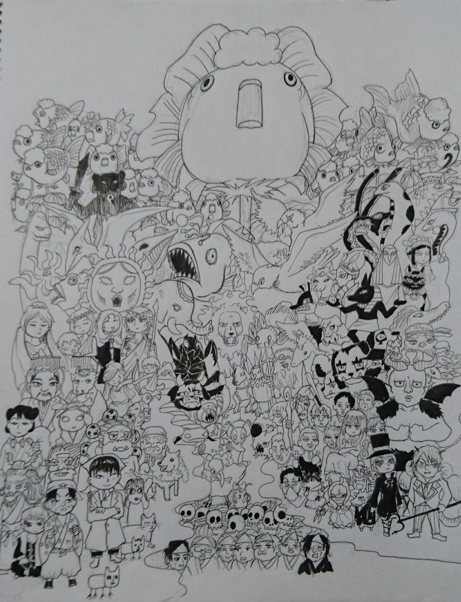 山山 Pa Twitter 鬼灯の冷徹 たぶん 全キャラ集合絵 35日目 ペン入れ15黒塗り 鬼灯の冷徹 イラスト アナログ イラスト好きさんと繋がりたい ペン画