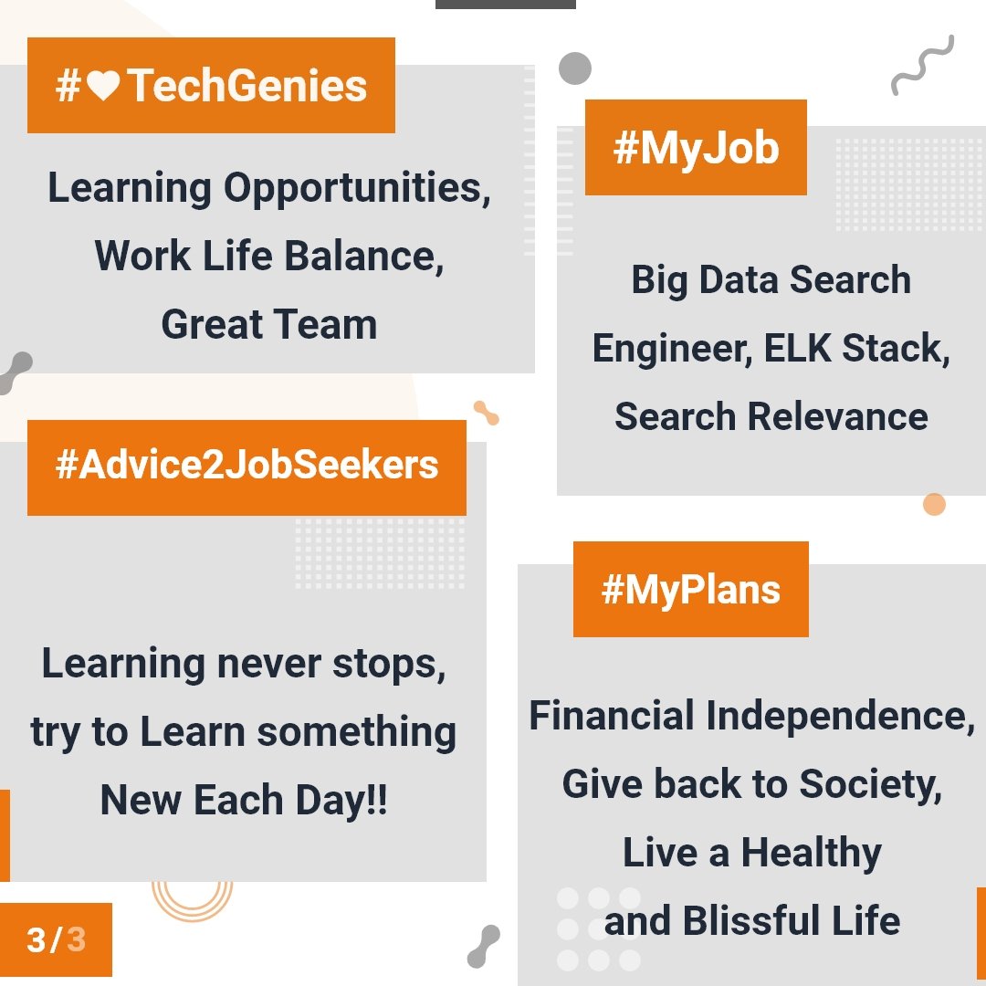 TechGenies's tweet photo. #Personality
Quick Learner Problem Solver
#FunFact
TV Series & Cooking
#MyPlans
Financial Stability give back to society
#Recognition
Research & Development
#MyJob
Big Data Search Engineer
#TechGenies
Work-life balance Great team
#Advice2JobSeekers
Never Stop Learning https://t.co/1V5g77i1vd