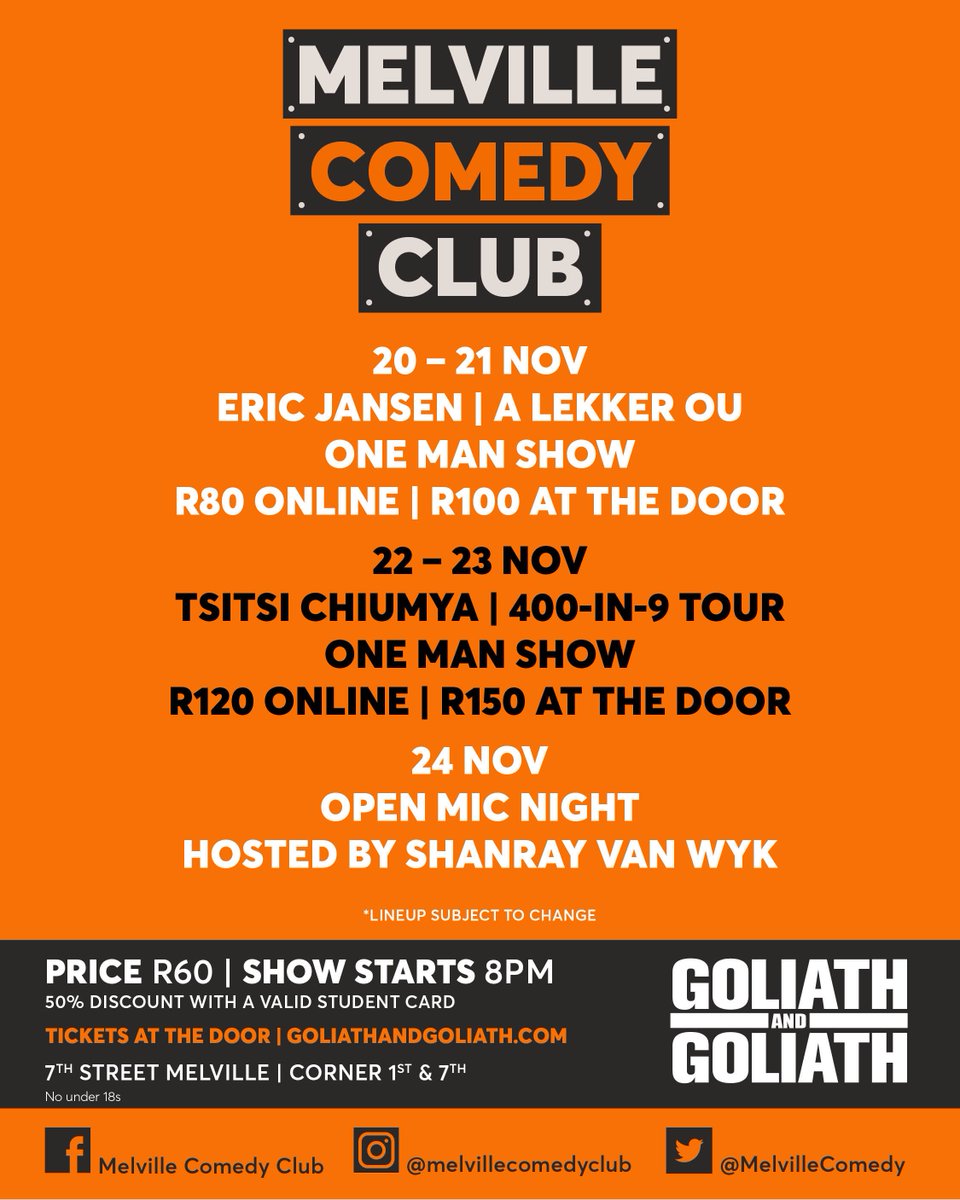 One-man stand-up shows to dominate Melville Comedy Club this week! Don't miss out!

Tickets available at melvillecomedy.com and at the door! Get there early to book your seats.

Follow us on social media:
Instagram: <a href="/TheMelvilleCC/">The Melville Comedy Club</a>
Twitter: <a href="/TheMelvilleCC/">The Melville Comedy Club</a>