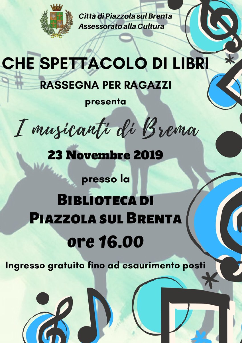 bibliopiazzola's tweet photo. Sabato 23 ore 16.00 in biblioteca #chespettacolodilibri con "I musicanti di Brema" - https://t.co/mzRc7MaMy6 https://t.co/c4fU3vMJjF