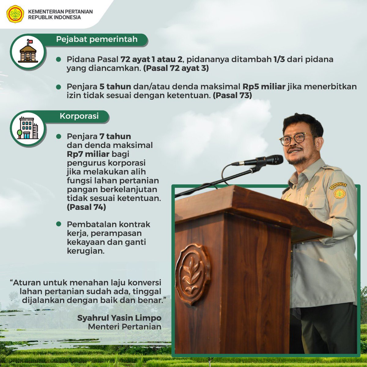 Mentan <a href="/Syahrul_yl/">Syahrul Yasin Limpo</a> tentang konversi lahan pertanian: “Aturan untuk menahan laju konversi lahan pertanian sudah ada, tinggal dijalankan dengan baik dan benar”. 
⁦<a href="/kementan/">Kementerian Pertanian RI</a>⁩