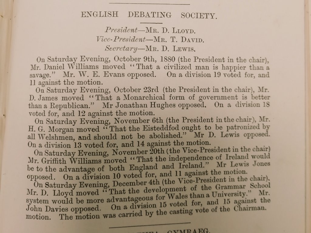 Enjoyable day digging in <a href="/UWTSDLib/">UWTSDLib</a> archive for my next <a href="/LampeterHistory/">History@Lampeter</a> module.

Intruiged by variety of topics in 1880 debating society. Politics bit all over the place: colonialist sentiments mixed w/ surprising level of republicanism; pro-Irish independence yet anti-Eisteddfod