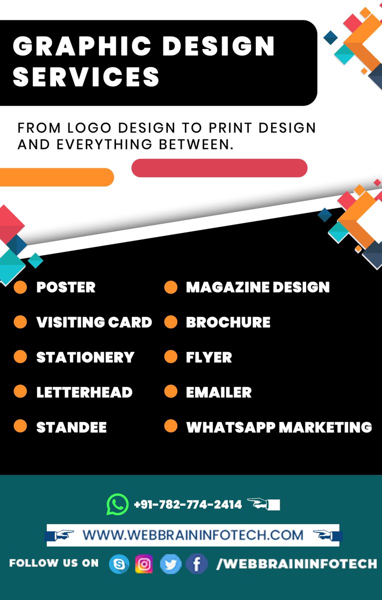We offer #LogoDesign, #BannerDesign, #VisualIdentityPackages, #BusinessCards & #BusinessSystems, #Brochures & #Catalogs, #MarketingMaterials, #MultimediaPresentations, #ProductPackaging, #Signage & Point-of-Sale Materials, #TradeShowBooths & #Media, etc..

webbraininfotech.com/graphic-design…