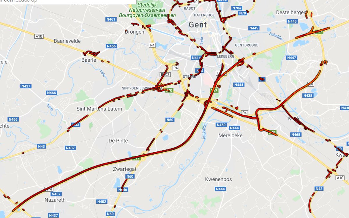 hajobeeckman's tweet photo. Moeilijke avondspits ten zuiden van Gent, door een eerder ongeval op de #E17 bij Kortrijk. Bijna anderhalf uur file tot Destelbergen! Daardoor is ook het drukker dan gebruikelijk op de #R4 rond Merelbeke en op de Kortrijksesteenweg Gent → Deinze. https://t.co/JNR9TDo13F
