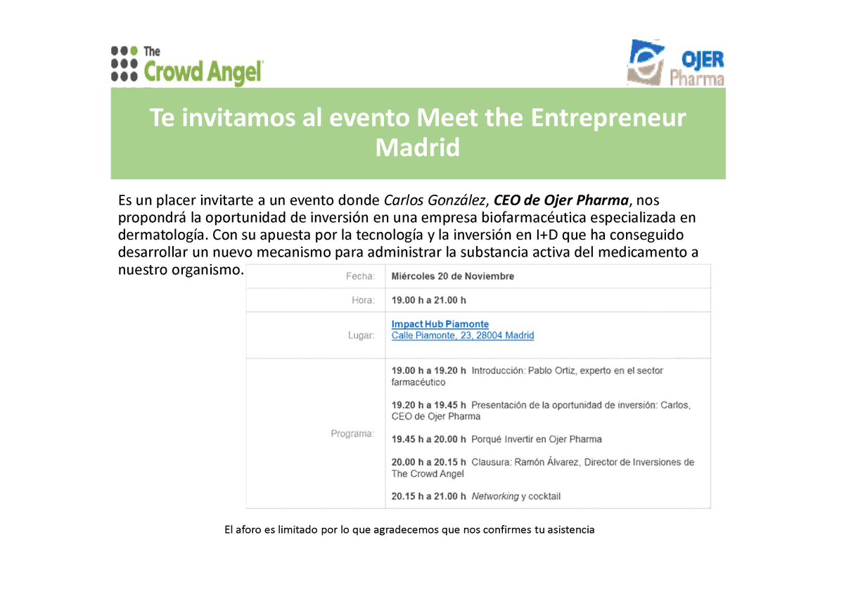 Meet the entrepreneur en Madrid, mañana miércoles en <a href="/ImpactHubMAD/">Impact Hub Madrid</a> . #thecrowdangel #laboratoriosojerpharma  # oportunidaddeinversión