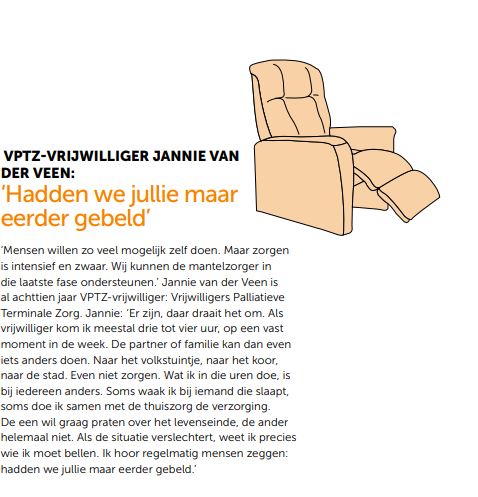 Vrijwilligers van de VPTZ kunnen mantelzorgers ondersteunen in de zorg in de laatste fase.  

Lees het verhaal van vrijwilliger Jannie: bit.ly/2KnDOOl

Meer over VPTZ: bit.ly/2KjFIPY 

@kbopcob #mantelzorg #palliatievefase