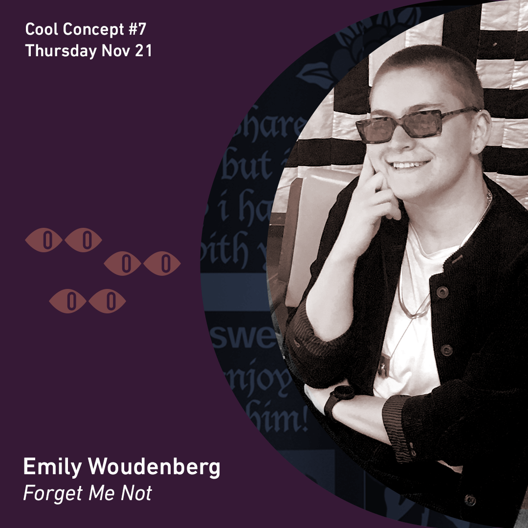 I’ve been following Emily's work ever since her piece in S&amp;S4: a 6", hand-sewn, typographic quilt. I am *always* here for that kind of thinking.

This Thursday, we’ll hear about her zine Forget Me Not, and her unique way of sharing that story. Come out: bit.ly/CoolConcept7
