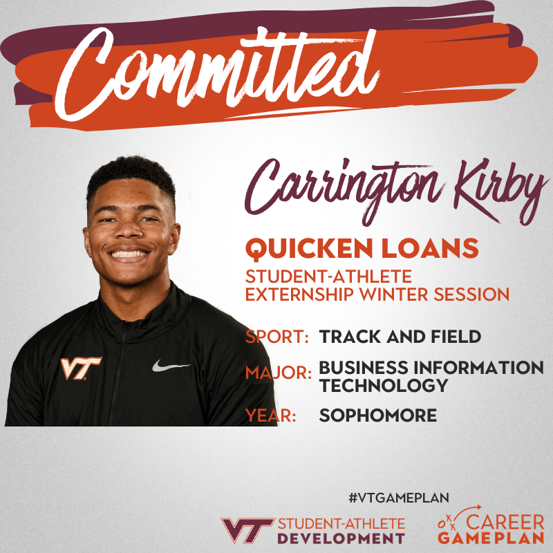 VTSADevelopment's tweet photo. Congratulations to Carrington Kirby, @econn18, @MerSlaw &amp; @Sarah_Spicer97 for being accepted to the @QuickenLoans Student-Athlete Externship!  

@HokiesTFXC @HokiesSoftball @HokiesWGolf 

#Committed #VTGamePlan @VT_SAASS @VTSAAC https://t.co/pWUOkqi1Dh