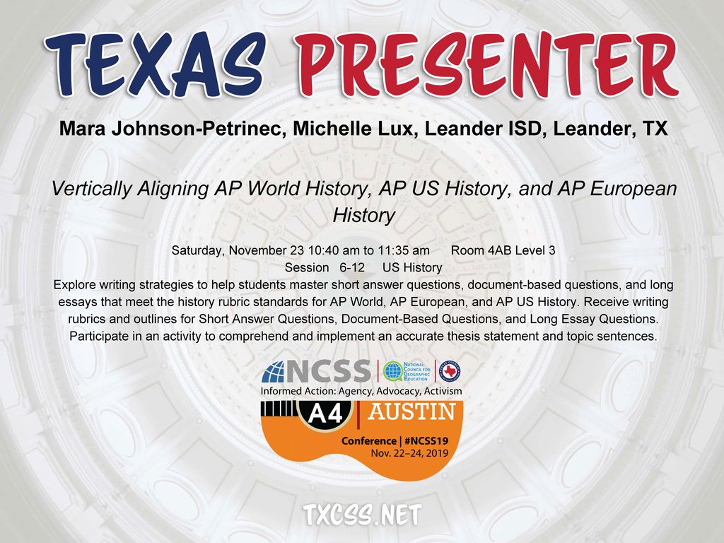 TxSocialStudies's tweet photo. 📣 Shout out to TXCSS PRESENTERS taking the stage at #NCSS19 in ATX!
👀 Keep an eye out for #TXCSSSWAG throughout the conference! 
#TXCSS19 https://t.co/o1QXNg8SZq