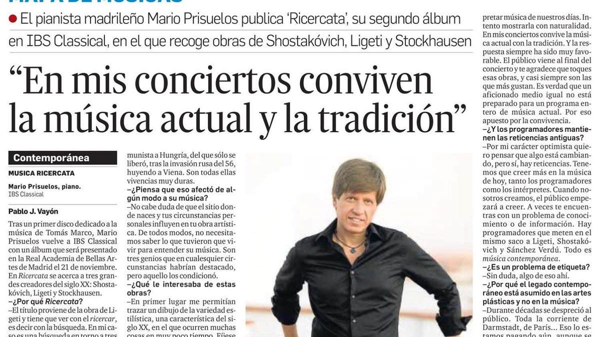 CapoFine's tweet photo. Interesante entrevista con Mario Prisuelos en @diariosevilla y otros 7 periódicos andaluces, por @pablojvayon, con motivo de su nuevo CD #Ricercata, (@IBSclassical)
@marioprisuelos #piano @huelva_info @malagahoy_es @granadahoy @diariocadiz @diariodejerez @DiarioDAlmeria https://t.co/tCA0jXKdCa