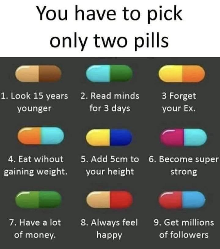 PrintConnected's tweet photo. You can pick 2 pills to take! what'll it be? https://t.co/KQWz2p7qSo