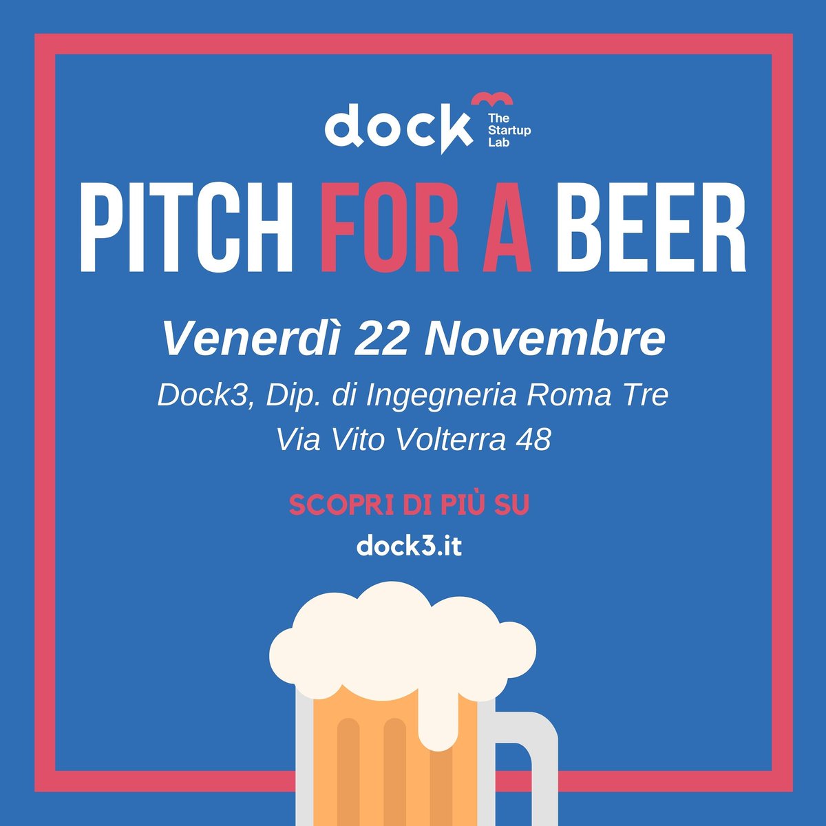 Vienici a trovare questo venerdì (22 novembre) dalle 15 alle 18 al Pitch for a Beer per scoprire di più Dock3 e conoscere le 7 startup che partecipano al programma di incubazione.
Birra assicurata per chi da almeno un feedback alle startup!