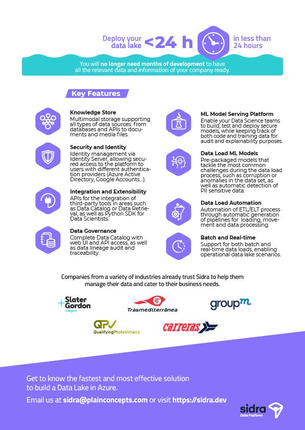 Discover Sidra Data Platform, a solution for Enterprise #DataLake Scenarios with a focus on deploying a working system quickly while providing scalability and ease of maintenance.
Deploy your #Data Lake in less than 24 hours!

🔗sidra.dev
📧sidra@plainconcepts.com