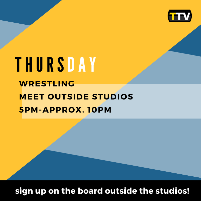 TitanTV57's tweet photo. Happy Tuesday Titan TV! Check out this week's productions here:
✨
Thursday 11/21: Wrestling, 5pm-approx. 10pm
✨
Remember to sign up on the board outside the studios! https://t.co/QMnKn2pxCx