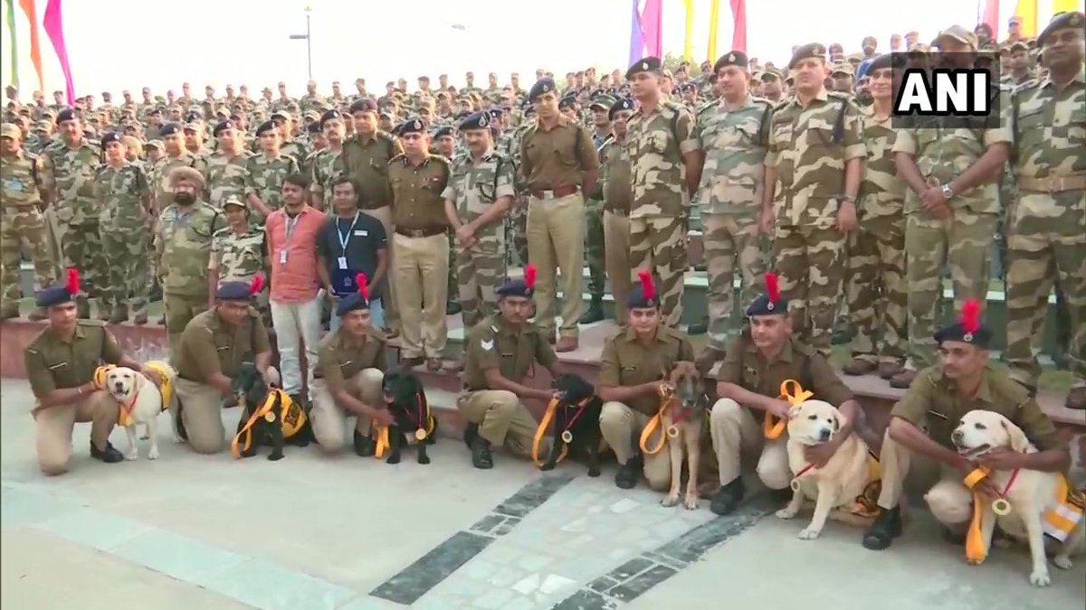 ANI's tweet photo. Delhi: Seven canines of the Central Industrial Security Force (CISF), DMRC (Delhi Metro Rail Corporation) unit were felicitated today, on the day of their retirement. https://t.co/klQBrFEiZg