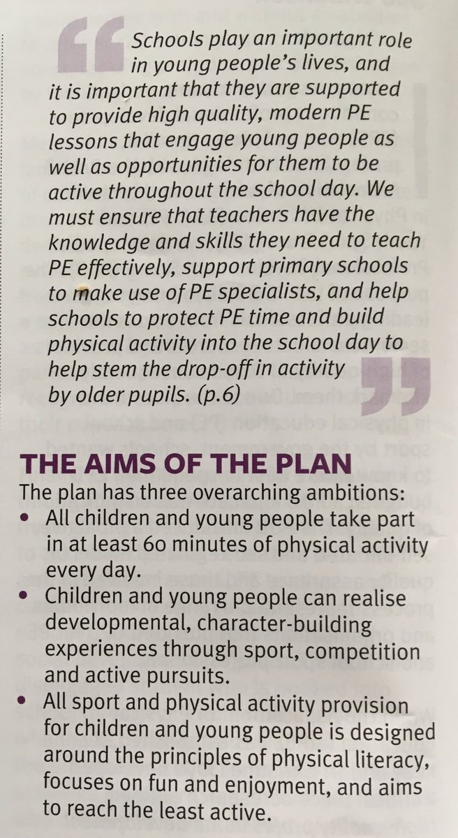 TGcoys's tweet photo. School Sport and Activity Plan summarised brilliantly in @afPE_PE ‘Physical Education Matters’ by editor @carolhawman including this quote and the Aims #adocacy #leadership #support https://t.co/dBdH97t7lF