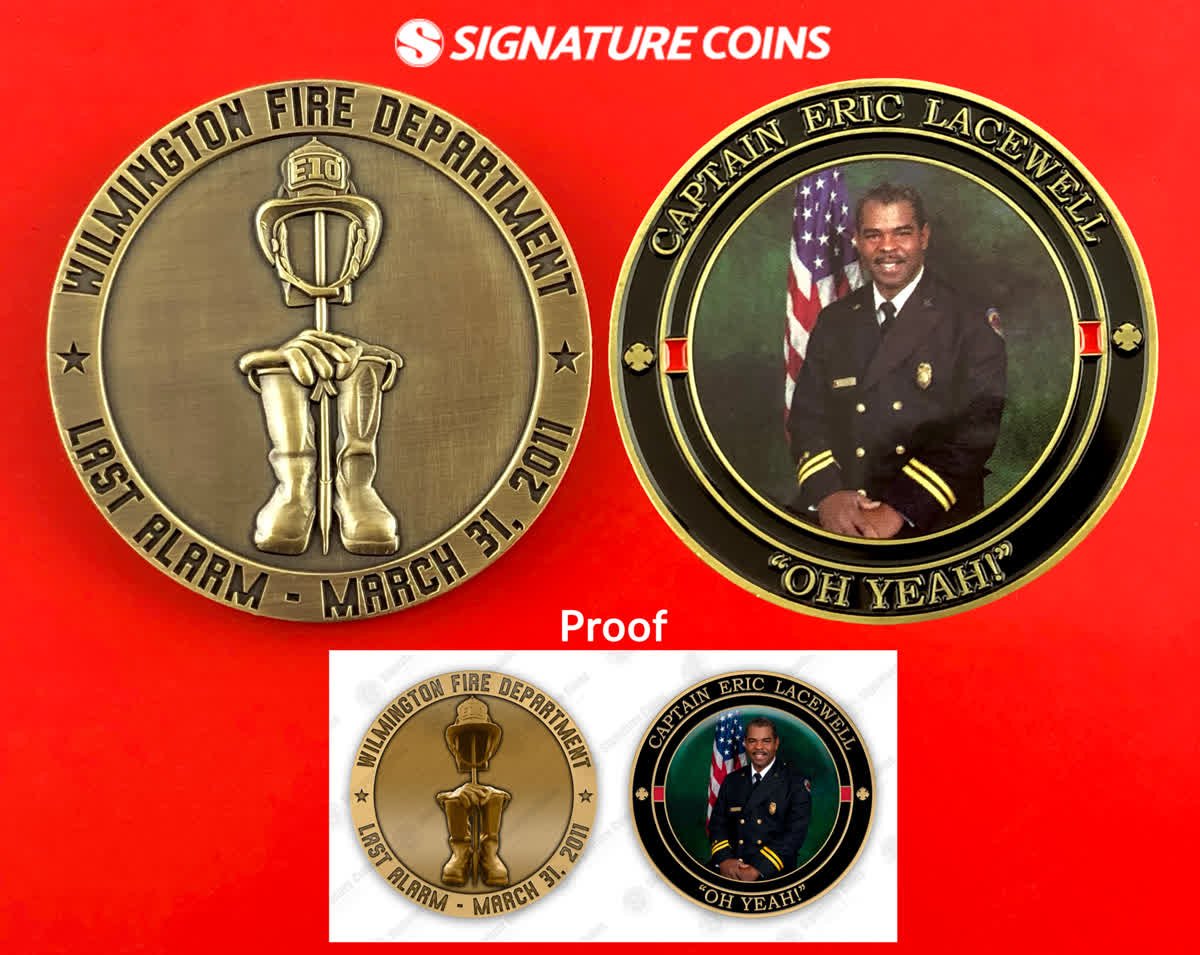 signature_coins's tweet photo. ✏️ Proof to Production 🏅
Here is a before and after of this offset printed  @WilmingtonFD #challengecoin in honor of Captain Eric Lacewell!
#FireCoins #FireFighters #FiregfighterCoins #CaptainCoins #HonoraryCoins #ThinRedLine #ThinRedLineCoins #FireRescueCoins #DepartmentCoins https://t.co/D2ZClG3M0N