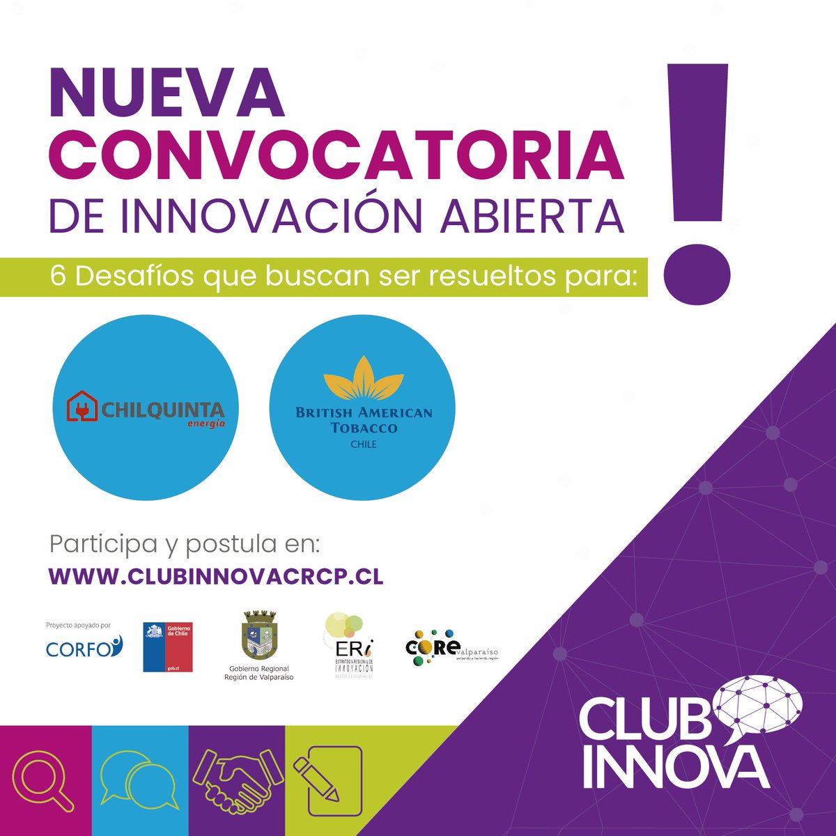 ValleyQuintil's tweet photo. Ya está abierta una nueva convocatoria de #ClubInnova de la @crcpValpo para resolver desafíos de @Chilquinta y #BTA. Hoy + q nunca es importante en seguir dando oportunidades a l@s emprendedor@s de #Valparaíso!! +info en https://t.co/NrL2jRztPL https://t.co/SZDEZlt5nB