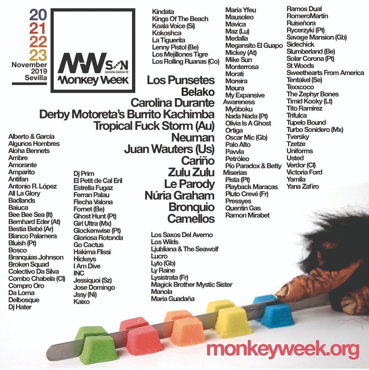 Line up final!!!

Con Belako en el cartel, que se suma a las más de 120 bandas que conforman #MW19, esto está listo para su uso y disfrute.

Pilla tu abono o entrada de día aquí bit.ly/MonkeyWeek-tic…