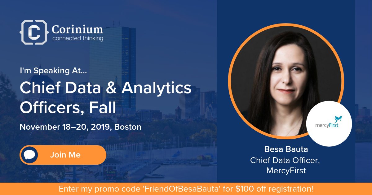 Mercy_First's tweet image. Our very own Chief Data Officer, Besa Bauta, is speaking at the @CoriniumGlobal Chief Data &amp;amp; Analytics Officers Fall Conference in Boston! She will be part of a panel discussing ethics, compliance, analytics and outcomes! #CDAOFall