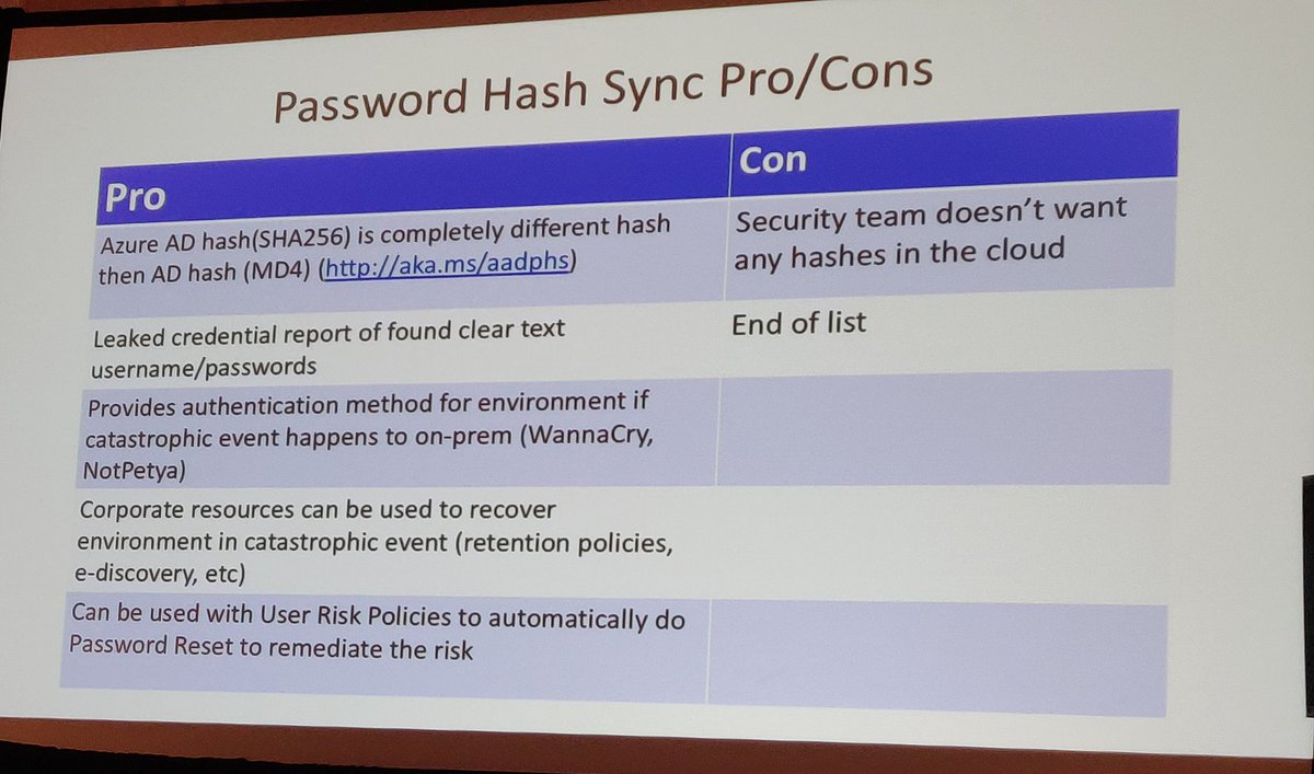 A comprehensive list of pros and cons of syncing password hashes to AzureAD from <a href="/msftsecurity/">Microsoft Security</a> #PenTestHackFest <a href="/PyroTek3/">Sean Metcalf</a> <a href="/markmorow/">Mark Morowczynski (@markmorow@infosec.exchange)</a>