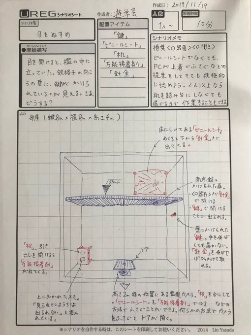 【#1日1アレグ 27日目 】 目を開けると、檻の中に立っていた。鉄格子の向こうの壁に、鍵がかけられているのが見える。さあ、どうする?  【#脱出ゲーム】 #ゲムマ2019秋 #ゲムマ #ゲームマーケット #UREG #装いの魔王城 #TRPG 