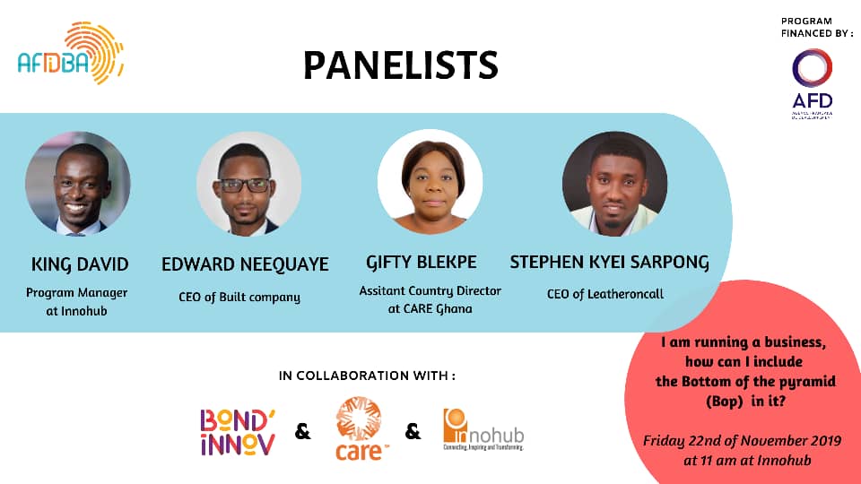 Afidba_GH's tweet photo. #AFIDBA2019 #Ghana
Just 3 days more to our discussion on how to include bottom of the pyramid (#BoP) individuals in our businesses.😉😊
Come and share your thoughts with entrepreneurs and actors.🤑🔑
Don't miss out. See you this #Friday 💃
@AFD_en @AFIDBA_ @Bondinnov https://t.co/tB6kyW6omA