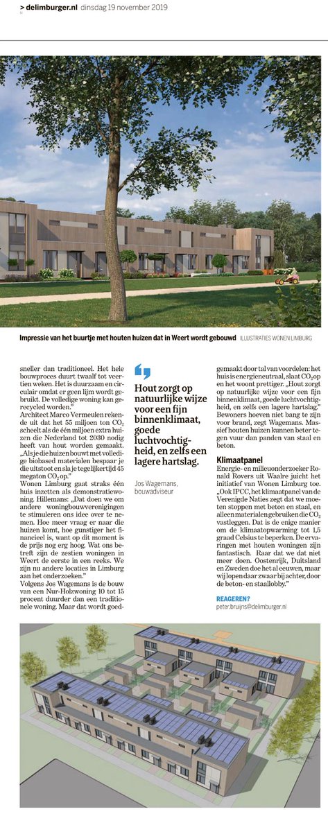 Mooi artikel in De Limburger!
Na een lange weg, via Sittard, met <a href="/wonenlimburg/">Wonen Limburg</a> en ons Bouwteam, in Weert te realiseren: 16 NURHOLZ  woningen. Middels duurzame warmtepomp-installaties naar Nul Op de Meter met Caris &amp; Reiner Installatietechniek.