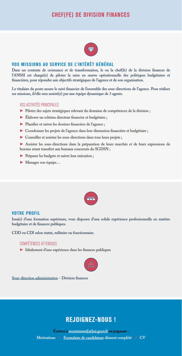 ANSSI_FR's tweet photo. #Recrutement #Emploi #JobAlert 
Vous souhaitez piloter la mise en œuvre opérationnelle des politiques budgétaires et financières de l’ANSSI ? Devenez Chef(fe) de division finances et assurez le suivi financier de l’ensemble de l’agence.
🔎https://t.co/1X6u1KbWez https://t.co/1pcIEon9CX