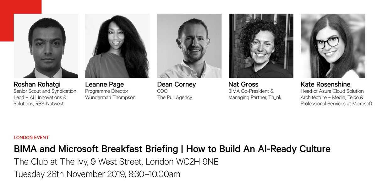 BIMA's tweet photo. We have a new speaker for our #Ai Breakfast Briefing in partnership with @MicrosoftUK ! 

@KateRosenshine of @MicrosoftUK will be joined by:

Roshan Rotagi of @RBS

@inspiredagile of @WunThompson

@DeanCorney of @ThePullAgency

@nat_gross of  @TH_NK
  
Tix https://t.co/KesHTQ2dT3 https://t.co/x9G461VNK7